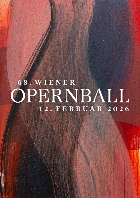 Bild von Arnulf Rainer "Schwarzer Samt, rote Seide" (2001, Acryl auf Holz, 85x65 cm) für das Opernball 2026 Plakat I © Xavier Gutiérrez 