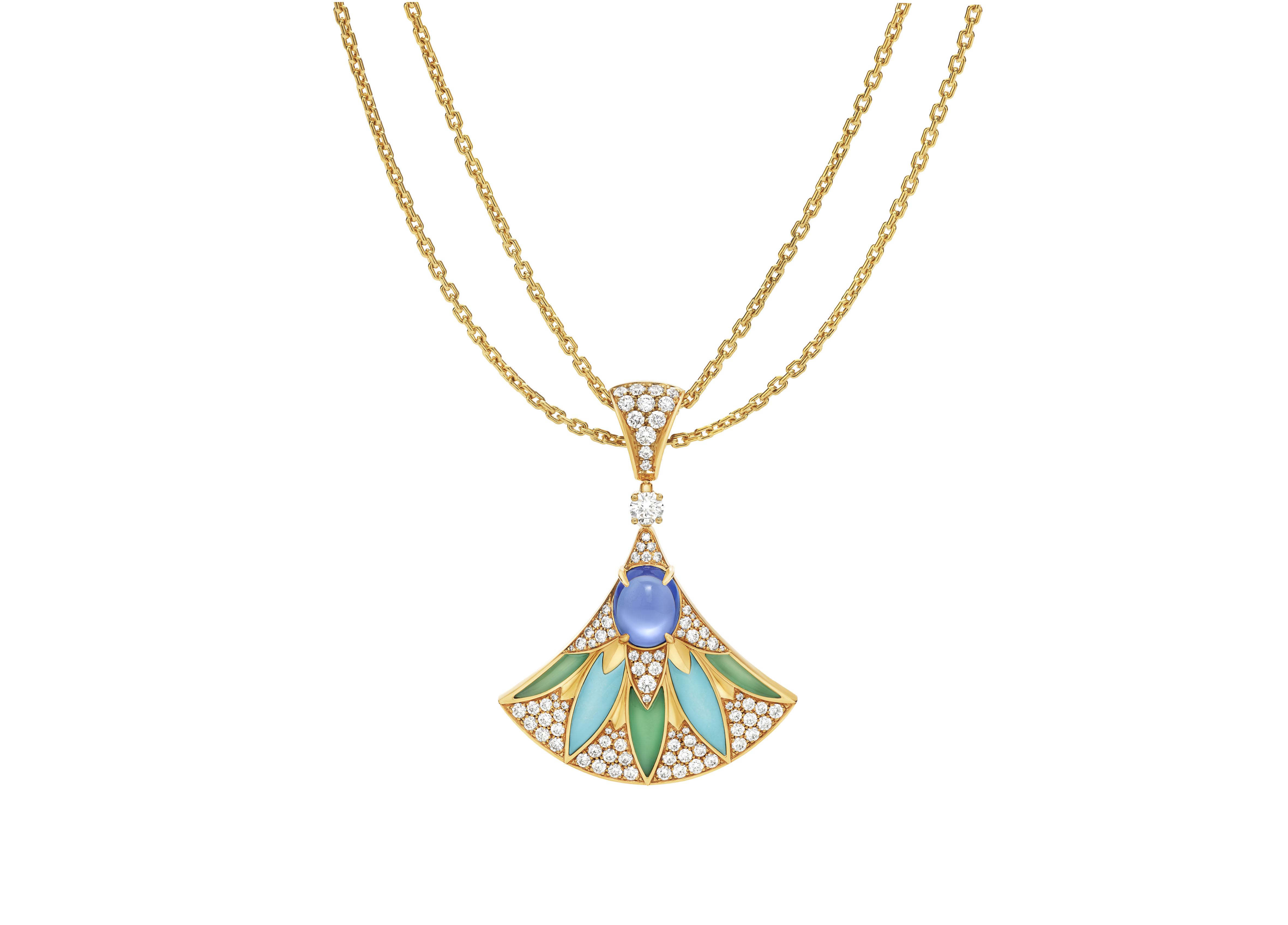 Divas’ Dream Anhänger-Collier mit Türkis, Chrysopras, Tansanit und Diamant-Pavé I © Bvlgari
